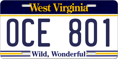 WV license plate OCE801