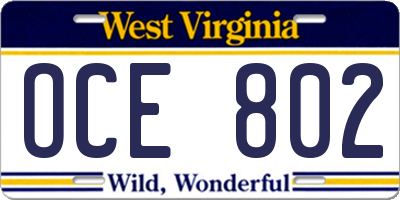 WV license plate OCE802
