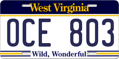 WV license plate OCE803