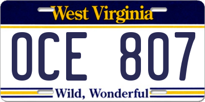 WV license plate OCE807