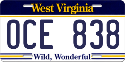 WV license plate OCE838