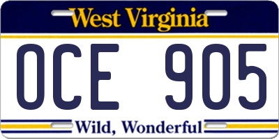 WV license plate OCE905