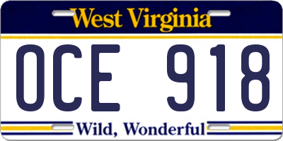 WV license plate OCE918