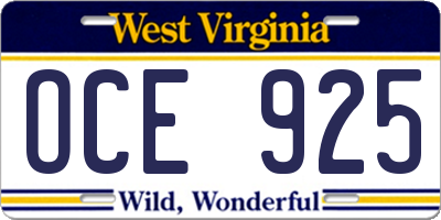 WV license plate OCE925