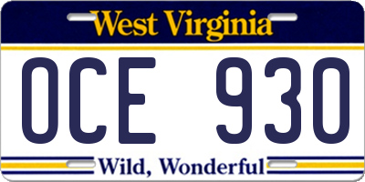 WV license plate OCE930