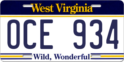 WV license plate OCE934