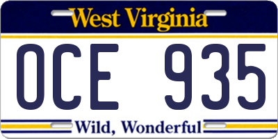 WV license plate OCE935