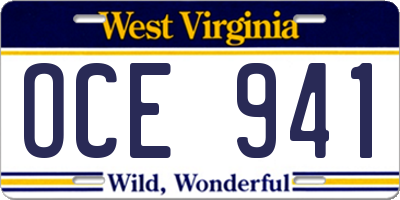 WV license plate OCE941