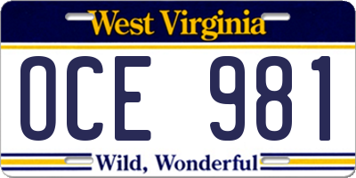 WV license plate OCE981