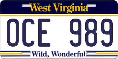WV license plate OCE989