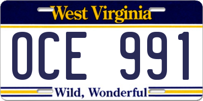 WV license plate OCE991