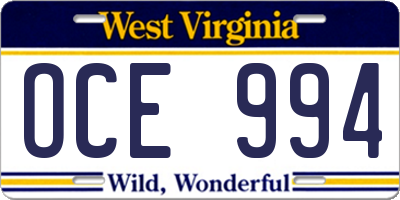 WV license plate OCE994