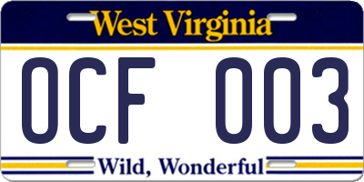 WV license plate OCF003
