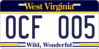 WV license plate OCF005