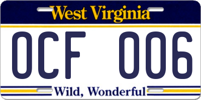WV license plate OCF006