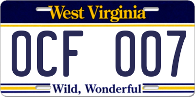 WV license plate OCF007