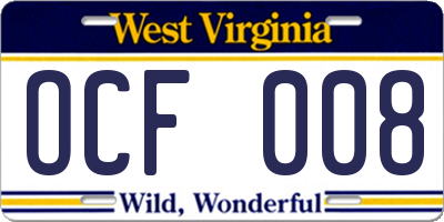 WV license plate OCF008