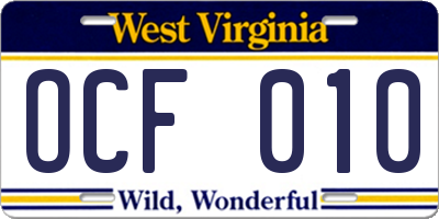 WV license plate OCF010