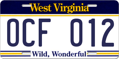 WV license plate OCF012