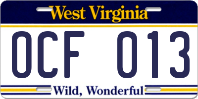 WV license plate OCF013
