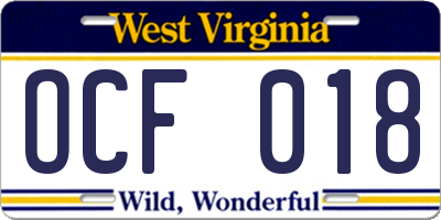 WV license plate OCF018