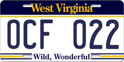 WV license plate OCF022