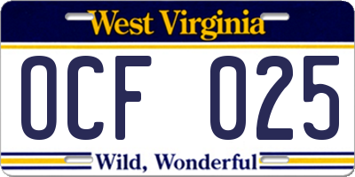 WV license plate OCF025
