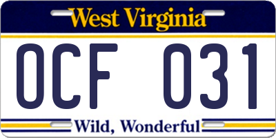 WV license plate OCF031
