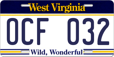 WV license plate OCF032