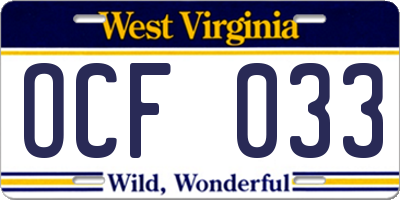 WV license plate OCF033