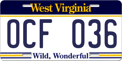WV license plate OCF036