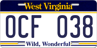 WV license plate OCF038