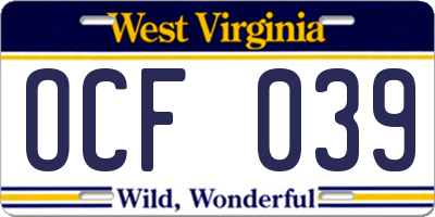 WV license plate OCF039