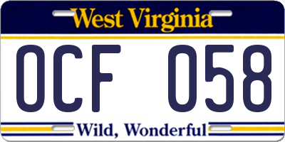WV license plate OCF058