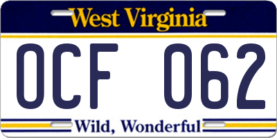 WV license plate OCF062