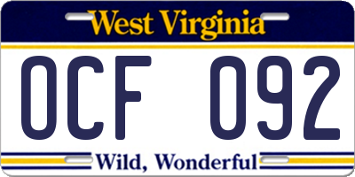 WV license plate OCF092