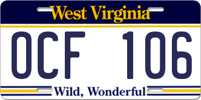 WV license plate OCF106