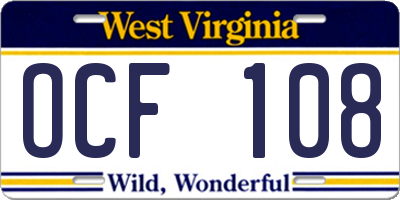 WV license plate OCF108