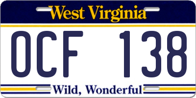 WV license plate OCF138