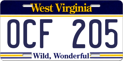 WV license plate OCF205
