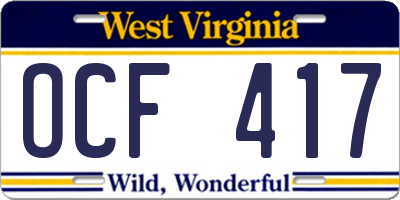 WV license plate OCF417