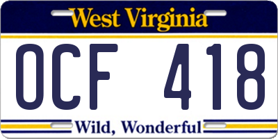 WV license plate OCF418