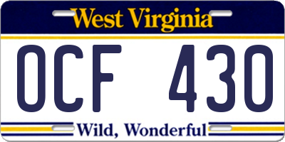 WV license plate OCF430