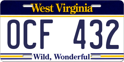 WV license plate OCF432
