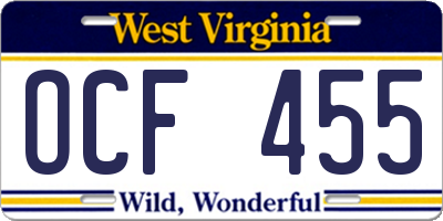 WV license plate OCF455
