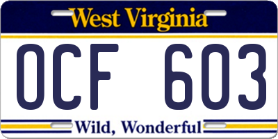WV license plate OCF603