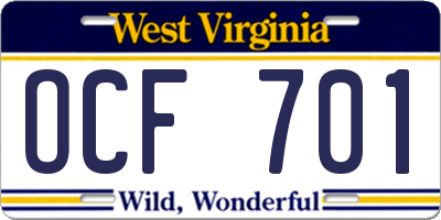 WV license plate OCF701