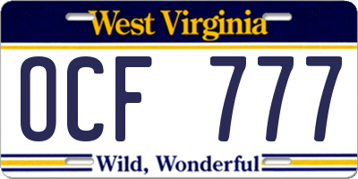 WV license plate OCF777