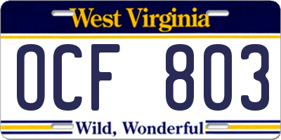 WV license plate OCF803