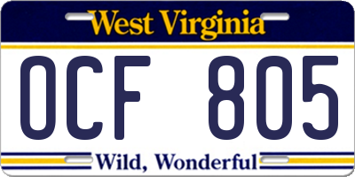 WV license plate OCF805